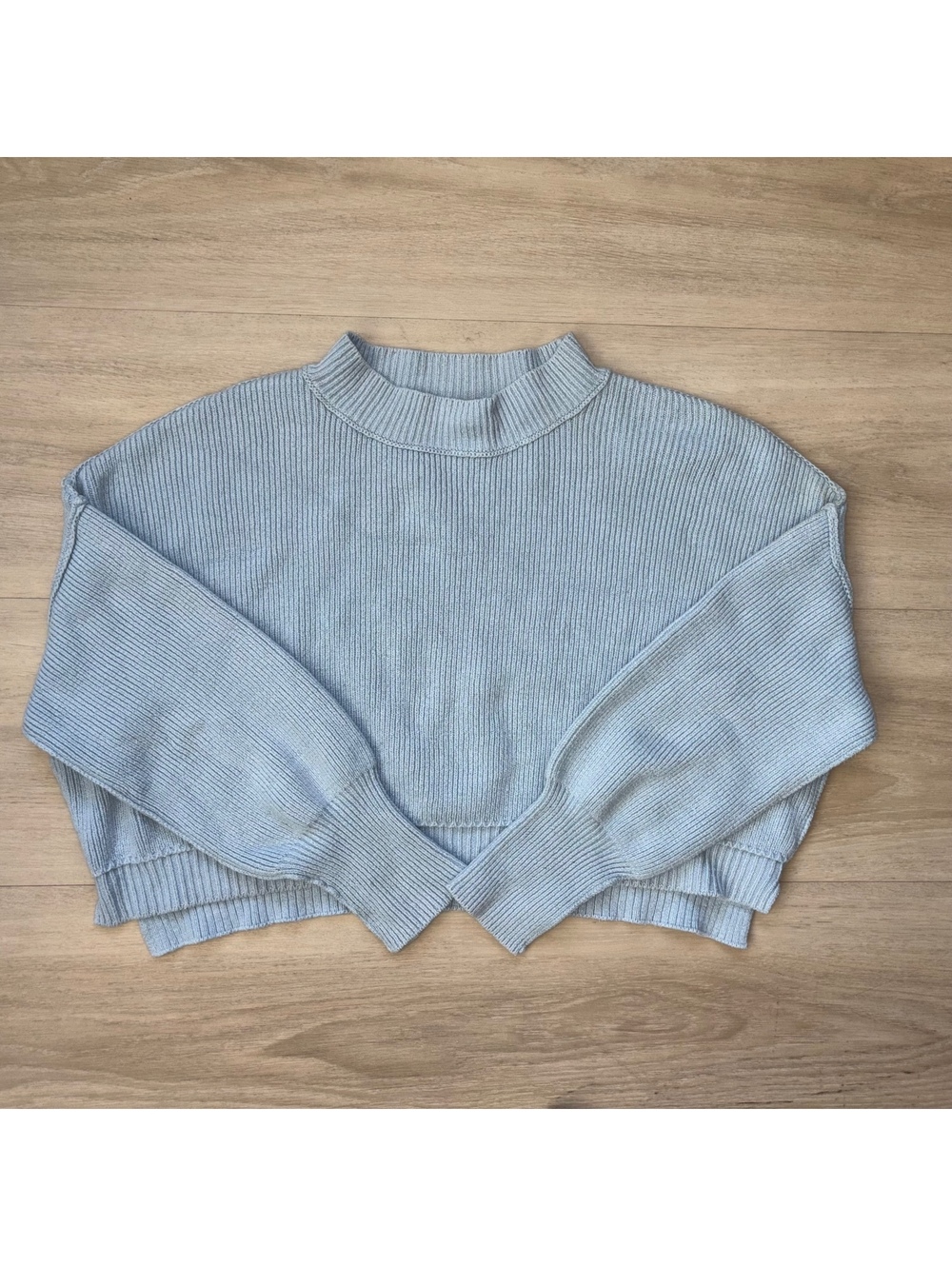 Free People Womens XS Blue Oversized Cropped Mock Neck Ribbed Knit Boho Sweater